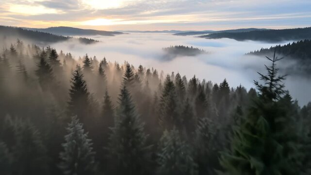 Frosty pine trees in misty forest highlighting environmental conservation and serenity