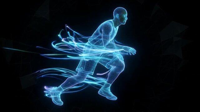 This video features a wireframe video of a basketball player in motion, dribbling the ball. Light streaks emanate from the figure, set against a dark background with abstract geometric shapes.