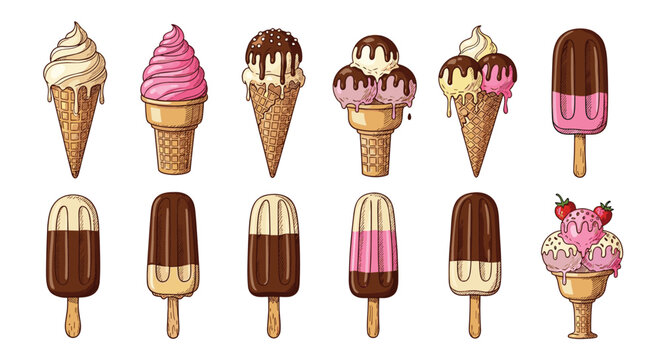 Colorful ice cream set including waffle cones, chocolate dipped popsicles, and sundae with strawberry toppings on white background.