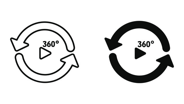 Black and white 360 degree rotation icons with play button in circular arrows on white background