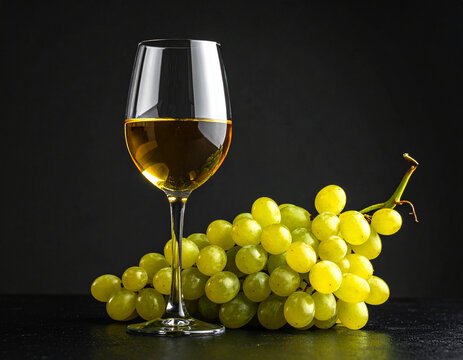 Copa de vino tinto con racimo de uvas verdes sobre fondo negro, con iluminaci&oacute;n de estudio, reflejos definidos y est&eacute;tica premium para conceptos de gastronom&iacute;a, lujo y degustaci&oacute;n