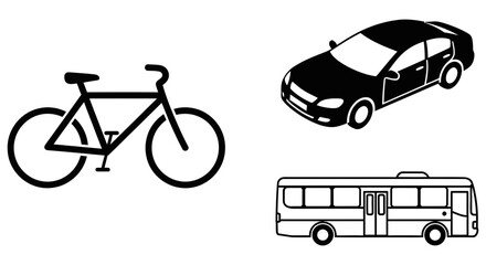 Fototapeta premium Simple line drawings of a bicycle, car, and city bus for transportation needs