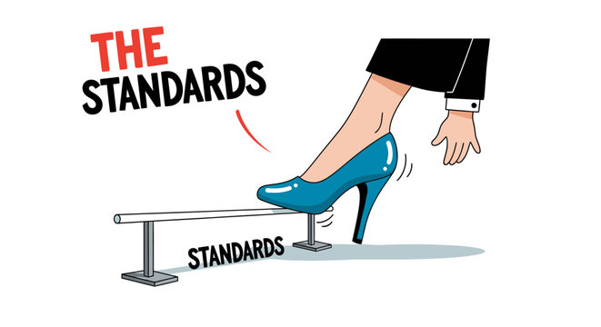 Business standards concept, setting standards, high heel stepping over rail, exceeding expectations, business excellence