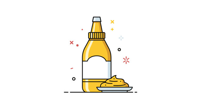 Yellow mustard plastic bottle with blank label and small bowl of mustard dip for fast food and snacks isolated on white.