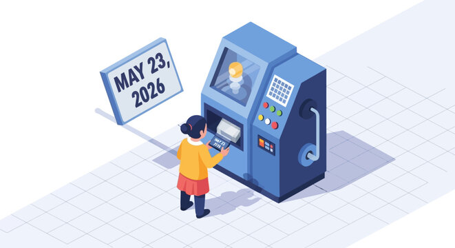 child interacting with futuristic atm machine on may 23 2026 vector illustration