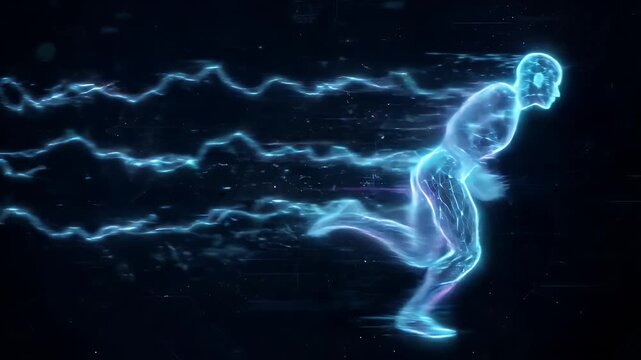 A futuristic runner is depicted with a wireframe style and glowing blue edges, set against a dark, space-like background highlighting speed and movement.
