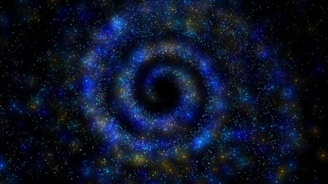 A bright galaxy made up of billions of particles glows neon and moves through space, scattering meteors and plasma.
