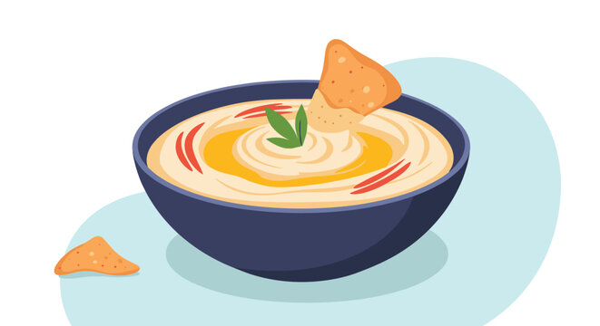 Bowl of traditional hummus topped with herbs and a pita chip with extra chips on the side, perfect for Mediterranean cuisine concepts.