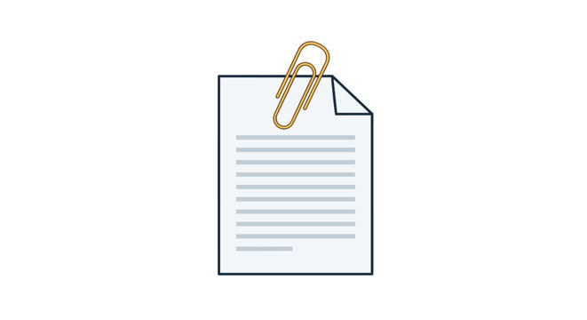 Business document or paper sheet with printed lines and a large golden paperclip attached at the top on a white background.