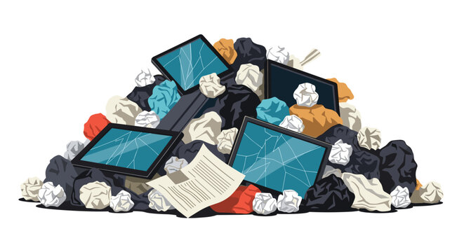 Large pile of electronic waste includes broken tablets, crumpled papers, and trash bags, highlighting the environmental issue of e-waste recycling.