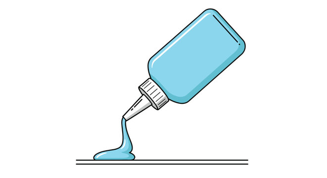Blue plastic glue bottle pouring out light blue liquid glue onto a surface against a plain white background for craft work.