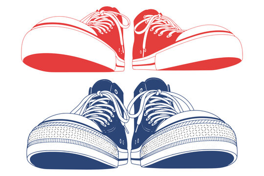 Worm&rsquo;s-Eye View Giant Sneakers Vector Illustration, Low Angle Urban Street Fashion Oversized Shoes Concept Design
