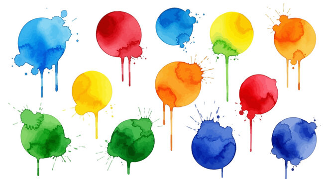 Colorful paint splatters, vibrant ink drops, rainbow watercolor blobs, colorful splashes