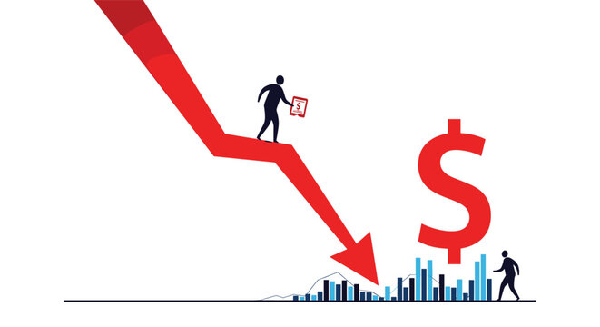 Financial market crash conceptual illustration featuring a falling red arrow dollar sign and people in panic or despair.