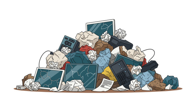 Large heap of electronic waste containing broken tablets monitors old computers and crumpled paper isolated on white.