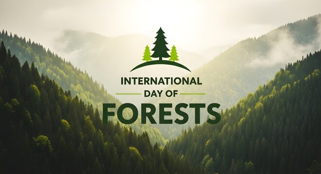 International day of forests banner with pine trees icon and misty mountain landscape