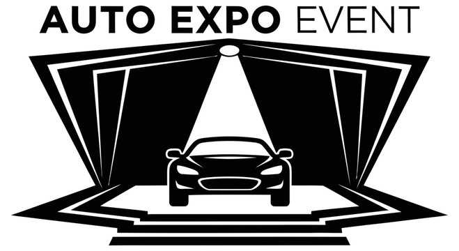 Modern car showcased at a prominent auto expo event with spotlight