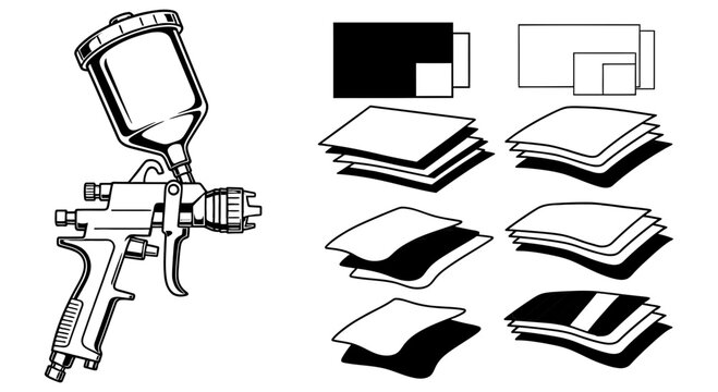 Vector illustration depicting a professional paint spray gun alongside various stacking and layering graphic design concepts.