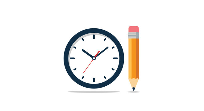 Simple flat illustration of a round dark blue analog clock placed next to a sharp yellow pencil on a white background.