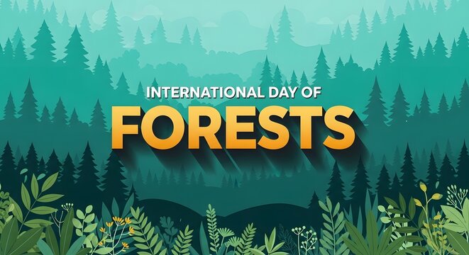International day of forests banner with stylized pine trees and lush foliage, celebrating nature and woodland conservation efforts
