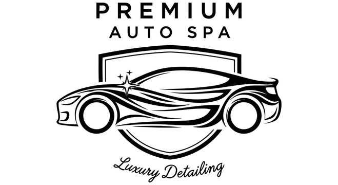 Sleek automotive detailing logo featuring a luxury car design within a shield for premium auto spa business.