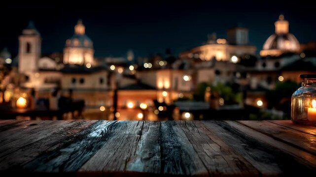 Outdoor caf bar restaurant. A nighttime cityscape with a wooden table in the foreground. A lit candle in a glass jar sits on the table, casting a warm glow. The city is illuminated by numerous lights.