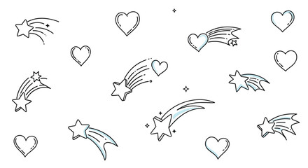 Obraz premium Seamless pattern featuring stylized line art of shooting stars and hearts arranged playfully on a plain white surface.
