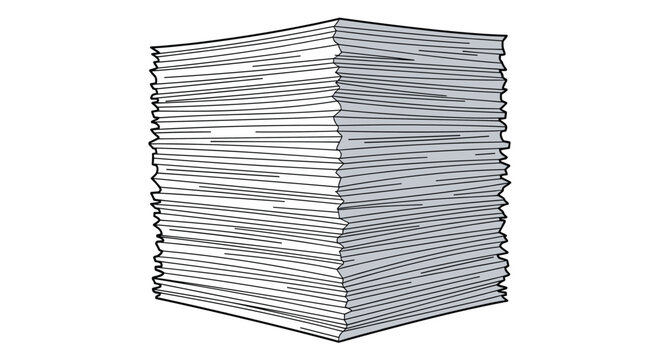 Enormous stack of white paper sheets piled high in a messy block showing the edges of many pages on a white background.