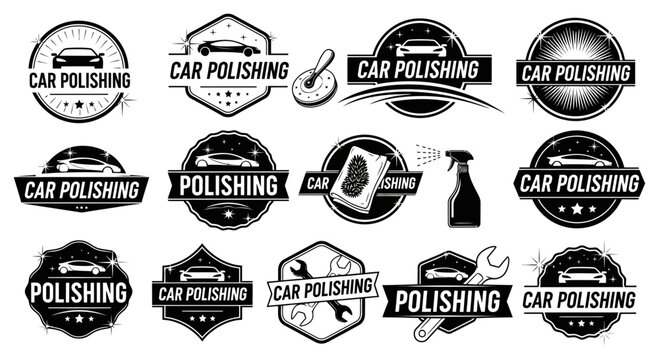 Collection of vintage black and white car polishing logos, emblems, and badges for auto detailing services.