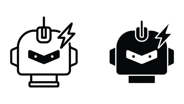 Robot head shocked by lightning bolt with power plug