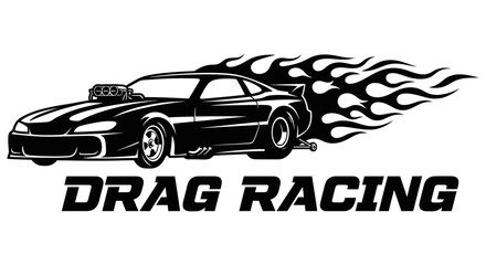 Fototapeta premium Drag racing car speeding with flames coming out of the back