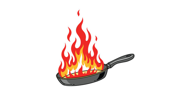 Black frying pan with large red and orange flames depicting a dangerous kitchen grease fire or intense professional cooking.