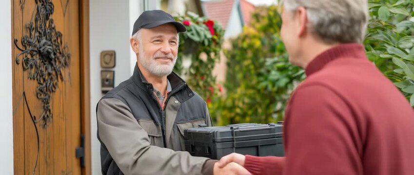 A joyful maintenance worker in a uniform is talking about home maintenance, repair, and service in front of a modern house while holding a toolbox.