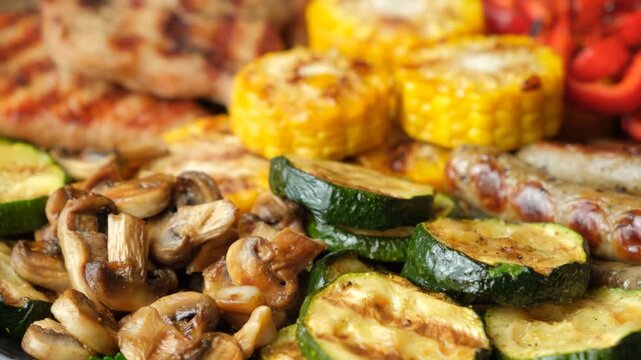 Assorted grilled meat, sausages and vegetables background