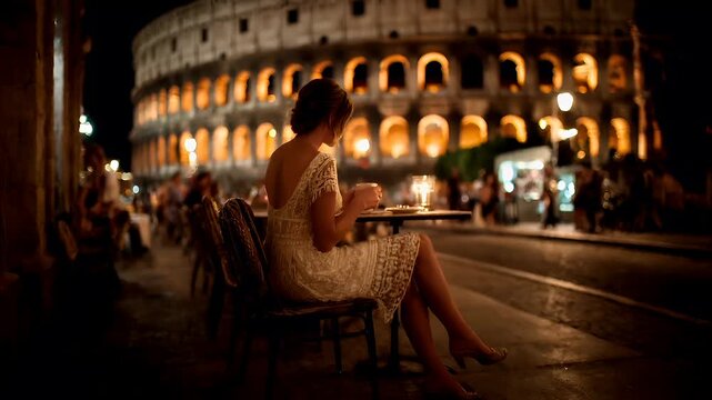 Outdoor caf bar restaurant. A nighttime photograph captures a woman seated at a table in front of the Colosseum in Rome, Italy. She wears a white lace dress and holds a cup of coffee.