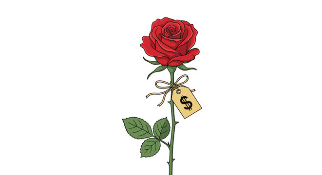 Single red rose on a long green stem featuring a small price tag with a dollar sign for luxury flower market and gift themes.