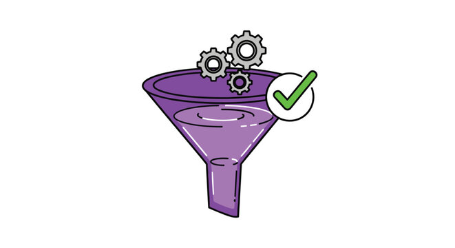Information or data processing funnel with mechanical gears and a green checkmark signifies successful conversion and system efficiency.