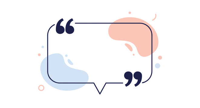 Empty speech bubble with dark quotation marks is set against abstract pastel shapes for a modern testimonial layout.