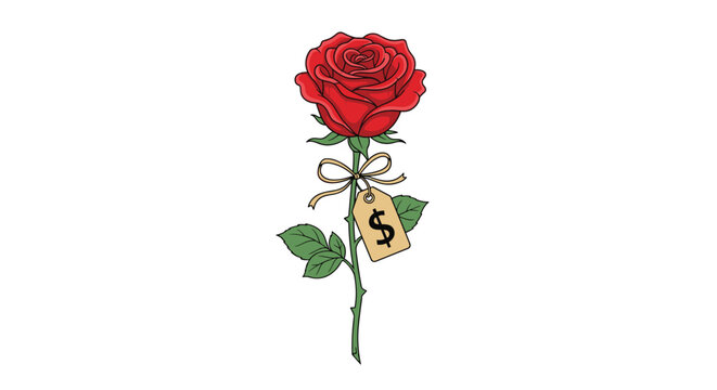 Beautiful red rose with green leaves featuring a price tag with a dollar sign, representing the commercialization of love or flower sales.