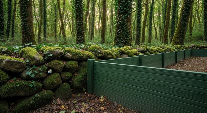 Recycled plastic lumber boundary integrated with a mossy stone wall in a deep, verdant forest setting