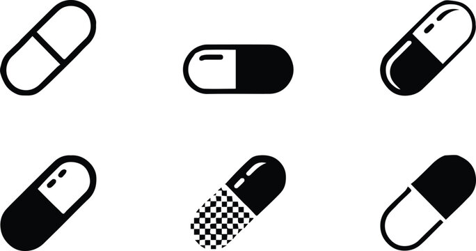 capsule pill icon variations outline solid pixel glyph vector set