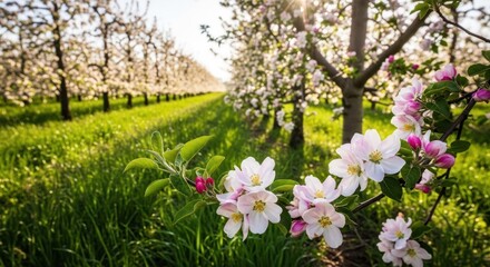 Fototapeta premium Blooming apple orchard in spring with sunlight filtering through the trees.