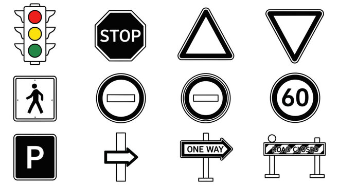 Collection of essential black and white traffic control signs and signals vector set