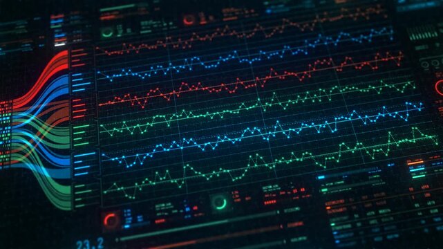 Financial AI Data Analytics Interface Dashboard Animation, Big Data Processing Visualization. Finance Statistical Charts, Infographic Flow Diagram, Business Intelligence Technology UI Background