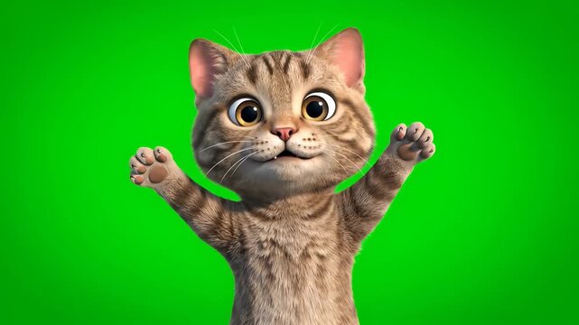 Surprised Cat on Green Screen: A fluffy tabby cat with wide, expressive eyes and a playful smirk is captured in a comical pose with its paws raised, set against a vibrant green screen background.