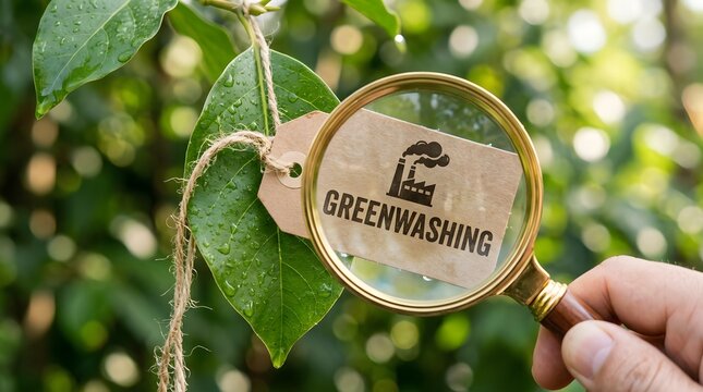 Greenwashing label under magnifying glass on leaf background, environmental marketing scrutiny showing misleading sustainability claims, eco awareness theme highlighting corporate responsibility