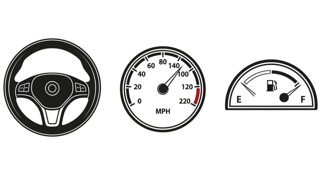 Car dashboard with steering wheel speedometer and fuel gauge