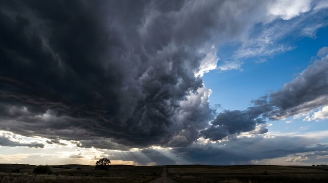 Dark storm clouds over rural field landscape with sun rays breaking through at the horizon