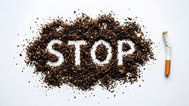 Stop smoking message formed with tobacco on white background, cigarette placed beside warning text, addiction awareness theme promoting quitting habit for healthier lifestyle