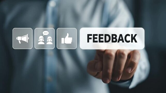Businessman interacting with digital feedback interface on blurred background
